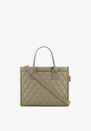 Quilted olive green tote bag with two short handles, adjustable shoulder strap, and small red brand tag on side.