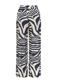 Navy and cream wide-leg pants featuring a zebra stripe pattern, elastic waistband, and side pockets in a lightweight material.