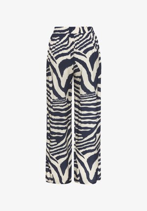 Helleblau und crèmefarbene weite Hose mit Zebra-Streifen-Muster, elastischem Bund und seitlichen Taschen aus leichtem Material.