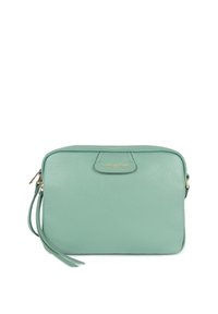 Borsa a tracolla in pelle verde menta con finitura testurizzata, chiusura con zip superiore e dettagli in metallo dorato. Presenta un piccolo logo decorativo.