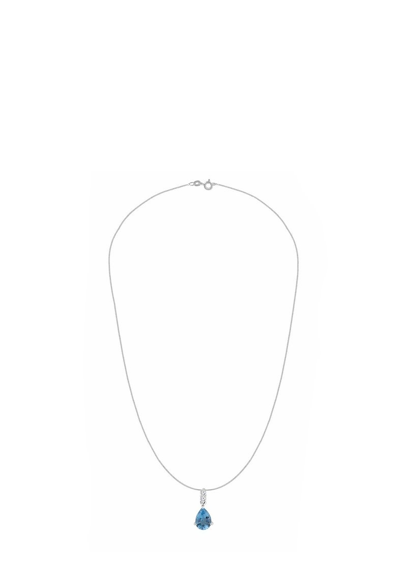 Hõbedast kaelakee, millel on pisara kujuline sinise vääriskiviga ripats, kaunistatud väikeste läbipaistvate kivikestega, peenel kettal koos kinnituslukkuga.