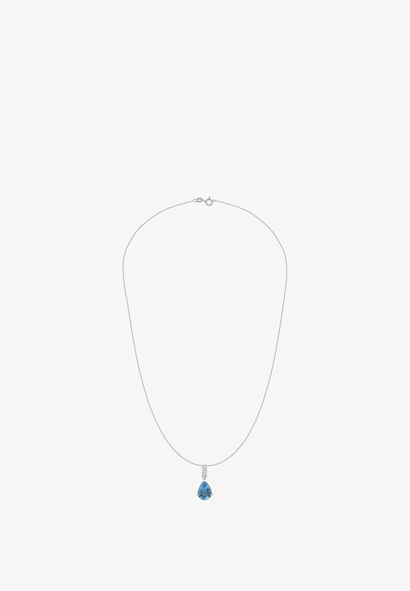 Hõbedast kaelakee, millel on pisara kujuline sinise vääriskiviga ripats, kaunistatud väikeste läbipaistvate kivikestega, peenel kettal koos kinnituslukkuga.