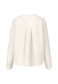 Weißes Langarmbluse mit einem V-förmigen Rückenausschnitt, plissiertem Detail über dem Rücken und elastischen Bündchen mit einer glatten Textur.