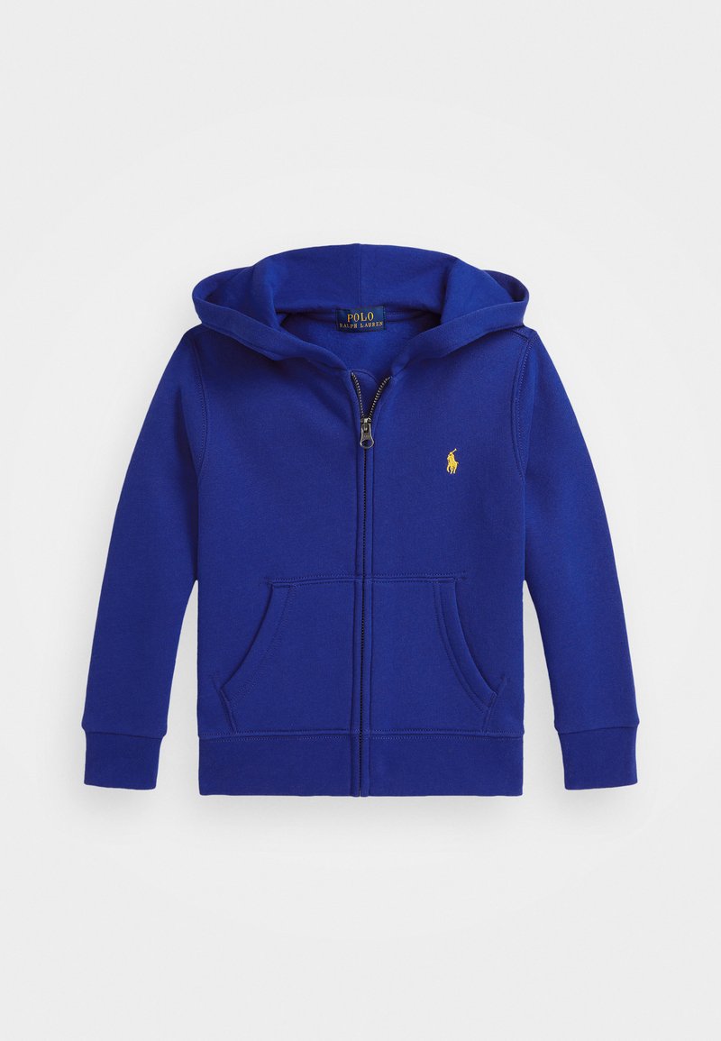 Blaues Zip-Hoodie mit großer Kapuze, Fronttaschen und kleinem gelben Logo auf der Brust. Hergestellt aus weichem, strukturiertem Stoff.