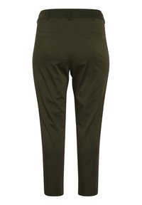 Pantalon vert olive à coupe droite, taille élastique et deux poches arrière. Le tissu a une texture lisse et un design épuré.
