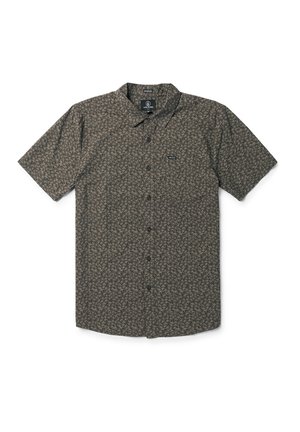 Short-sleeve button-up shirt in dark brown with a leaf pattern, made from lightweight fabric. Features a collar and a small chest logo.