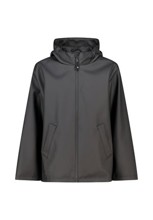 Veste noire imperméable avec une texture lisse, capuche réglable, fermeture éclair sur toute la longueur et deux poches latérales. Design simple et pratique.