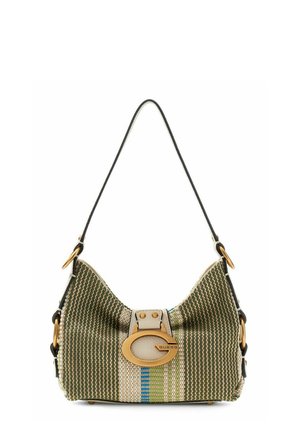 Kleine groene en beige geweven schoudertas met verticale strepen, gouden ovale gesp en zwart verstelbare riem.