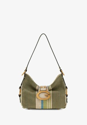 Kleine groene en beige geweven schoudertas met verticale strepen, gouden ovale gesp en zwart verstelbare riem.