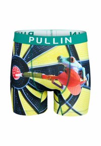 Boxers colorés avec une taille élastique verte, présentant un graphique de grenouille visant une cible. Fabriqués en tissu lisse et extensible.