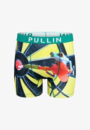 Boxers colorés avec une taille élastique verte, présentant un graphique de grenouille visant une cible. Fabriqués en tissu lisse et extensible.