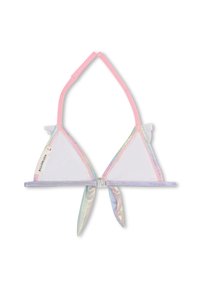 Haut de bikini triangle pastel avec bretelles roses ajustables, bordure irisée et liens décoratifs à l'arrière. Tissu léger et respirant.