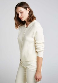 Pull en crème à fermeture éclair avec un col rond, des poignets et un ourlet côtelés, fabriqué dans un matériau doux ; porté par-dessus un pantalon léger assorti.