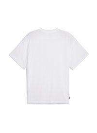 Hvid kortærmet t-shirt i bomuld. Løs pasform med rund halsudskæring og minimal detaljering. Etikette på venstre side nær kanten.