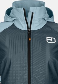 Dark blue athletic jacket with light blue accents, textured fabric, full front zipper, and logo detail on the chest. Hooded design.