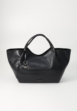 Black tote bag made of textured material; features two handles, a silver charm, and a flat bottom for stability.