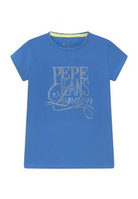Modrý tričko s krátkým rukávem vyrobené z bavlny, zdobené stříbrným třpytivým textem "PEPE JEANS London" s hladkou texturou a kulatým výstřihem.
