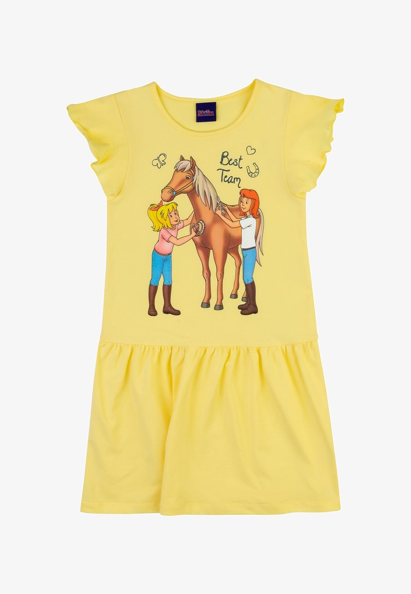 Robe en coton jaune avec des manches courtes à volants. L'avant présente une impression graphique de deux filles s'occupant d'un cheval brun, avec le texte "Meilleure Équipe" au-dessus.