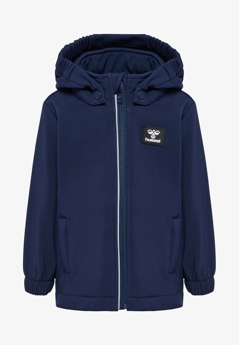 Veste à capuche bleu marine en matière lisse, dotée d'une fermeture éclair frontale, de poignets élastiques et d'un petit logo de marque sur la poitrine.