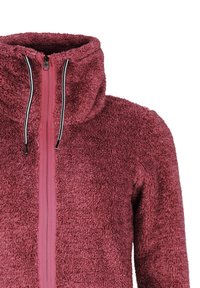 Felpa con cappuccio in rosa intenso con colletto alto, zip a lunghezza completa e dettagli in zip nera. Tessuto morbido e testurizzato che copre la parte anteriore.