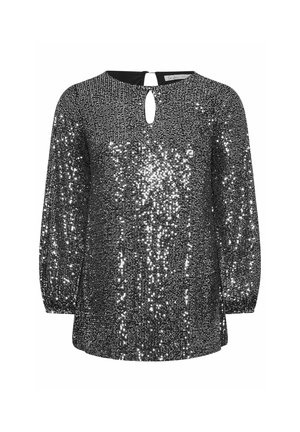 Top nero a maniche lunghe con scollo rotondo, caratterizzato da un dettaglio a chiave sul retro e paillettes scintillanti su tutta la stoffa.
