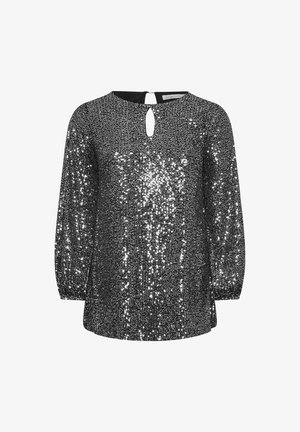 Czarna bluzka z długim rękawem i okrągłym dekoltem, z dodatkowym otworem z tyłu oraz błyszczącymi cekinami na całej powierzchni materiału.
