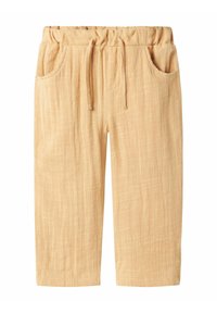 Pantaloni cropped in misto lino beige chiaro con vita regolabile, tasche laterali, tessuto testurizzato e vestibilità comoda.