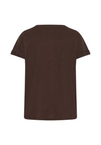 Haut en maille marron à manches courtes avec encolure ronde, vu de dos sur fond blanc.