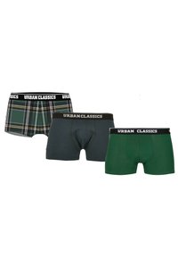 Drei Paar Urban Classics Boxer Shorts: eine kariert mit schwarzem Bund, eine dunkel gestreift und eine einfarbig dunkelgrün, alle mit Logobündchen.