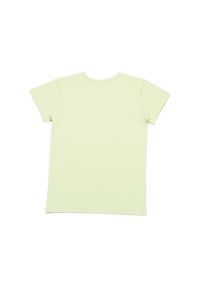 Hellgrünes Baumwoll-T-Shirt mit Rundhalsausschnitt, kurzen Ärmeln und glatter Textur. Einfarbiger Rücken ohne Designs oder Muster.