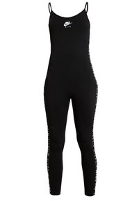 Svart, ärmlös jumpsuit med tunna axelband. Har "NIKE AIR"-logotyp på bröstet och vit branding längs sidan. Elastiskt material, kroppsnära design.