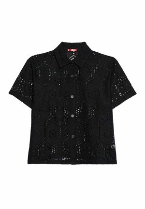 Cămașă neagră cu mâneci scurte, realizată din dantelă elaborată, cu un model hexagonal, deschidere cu nasturi și un design clasic al gulerului.