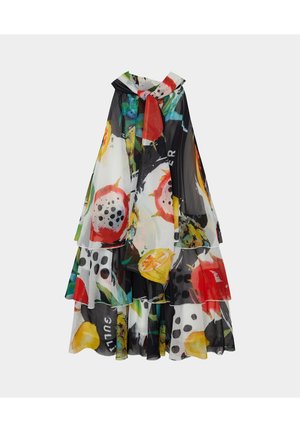 Ärmelloses Kleid mit Blumenmuster und gestuften Rüschen aus durchsichtigem Stoff mit leuchtenden Farben, Punkten und einer Schleife am Kragen.