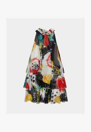 Floral patterned sleeveless dress with tiered ruffles, in sheer fabric featuring bright colors, polka dots, and a tie detail at the neck.