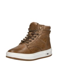 Bruine leren hoge sneaker met een witte rubberen zool, vetersluiting aan de voorkant, metalen oogjes en een gewatteerde enkelkraag.