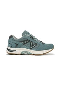 Teal athletic shoes with a suede and mesh upper, black accents, textured patterns, and a white midsole with a gum rubber outsole.