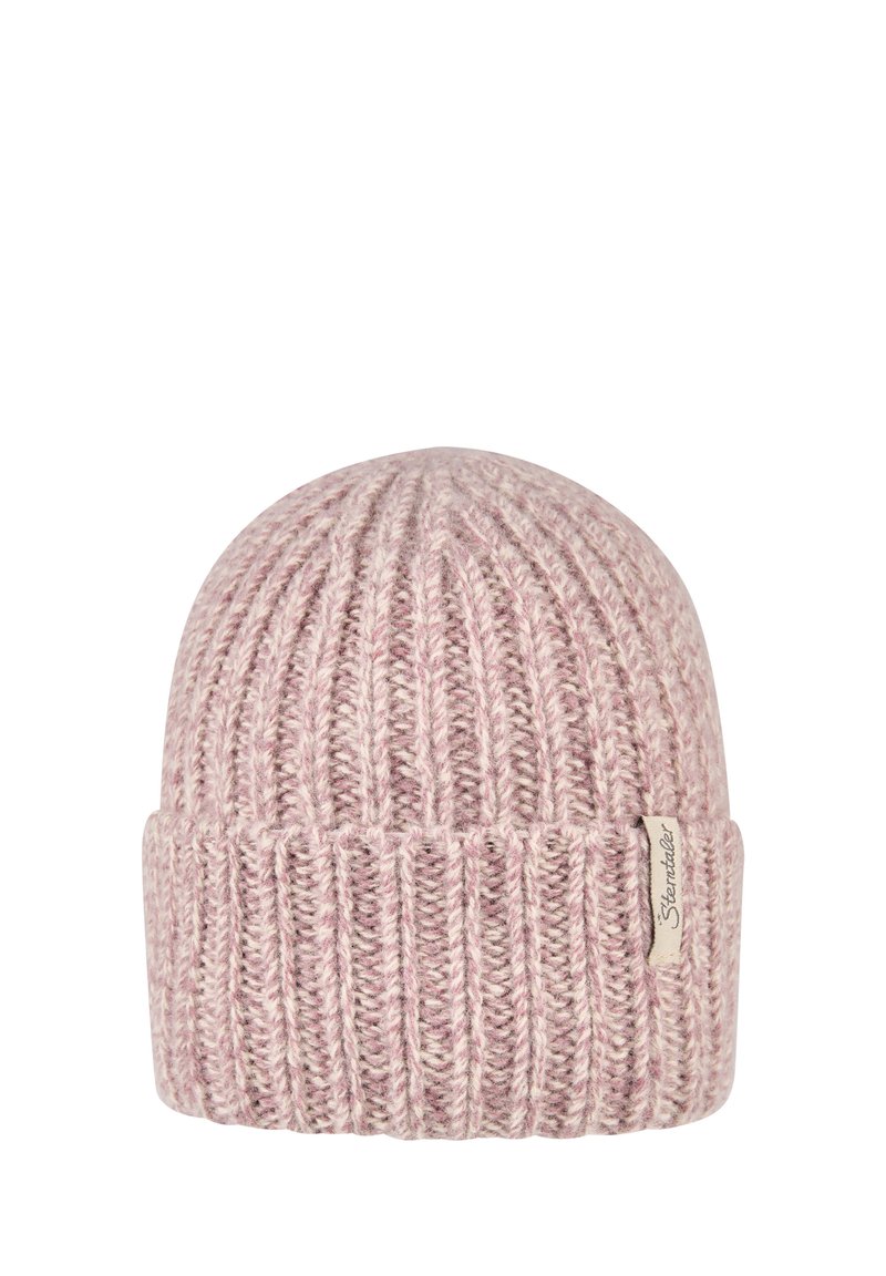 Light pink ribbed knit beanie with folded cuff and small fabric tag on the side.