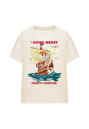 Beiges T-Shirt mit einem bunten Piratenschiff, das auf blauen Wellen segelt, mit einem Totenkopf mit Strohhut und den Texten "The Going Merry" und "Piracy is Forever".