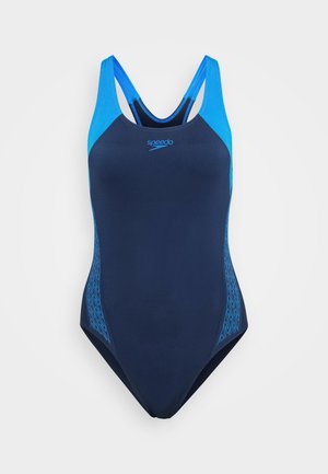 Costume da bagno intero Speedo in blu navy e blu brillante, con spalline a racerback e dettagli a motivo laterale.