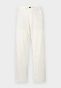 Linnebyxor i krämfärg med en avslappnad passform, dragsko i midjan och sidofickor. Slät textur med minimala sömmar.
