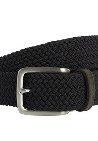Cintura intrecciata nera con una fibbia rettangolare in argento e un accento in pelle marrone, caratterizzata da un motivo tessurizzato lungo tutta la cintura.