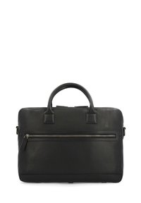Black leather briefcase featuring a textured finish, dual top handles, and a front zip pocket for added functionality.