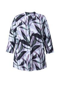 Květinová halenka s dlouhými rukávy a vzorem listů v zelené, fialové a bílé barvě. Vyrobena z hladké látky, má pohodlný střih a otevřený přední díl.