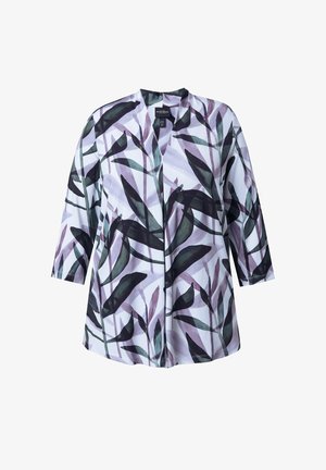 Kwiatowa bluzka z długim rękawem z wzorem wielokolorowych liści w odcieniach zieleni, fioletu i bieli. Wykonana z gładkiego materiału, charakteryzuje się luźnym krojem i otwartym przodem.