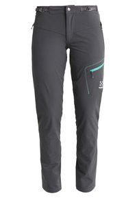 Grijze outdoorbroek gemaakt van zachte, rekbare stof. Voorzien van een ritssluiting met turquoise detail, verstelbare tailleband en een slanke pasvorm.