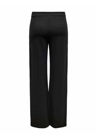 Pantaloni neri a gamba larga con una finitura in tessuto liscia, dotati di una vita a media altezza e due tasche posteriori, progettati per una vestibilità ampia.