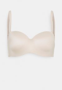 Beige strapless bh met een gladde textuur en licht gepadde cups, met dunne verstelbare bandjes en naadloze randen voor een nette uitstraling.