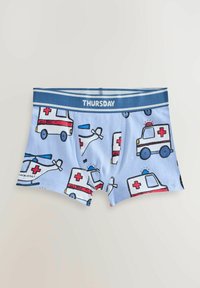 Boxer shorts bleus pour enfants avec imprimé ambulance et hélicoptère, en coton doux, taille élastique avec étiquette "JEUDI".