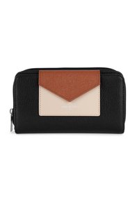 Portefeuille noir avec une finition en cuir texturé, présentant un rabat avant marron et beige et du matériel en métal argenté. Fermeture éclair sur le bord supérieur.