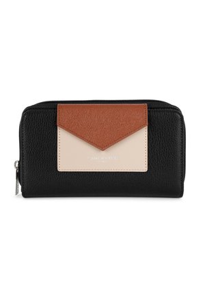 Portefeuille noir avec une finition en cuir texturé, présentant un rabat avant marron et beige et du matériel en métal argenté. Fermeture éclair sur le bord supérieur.